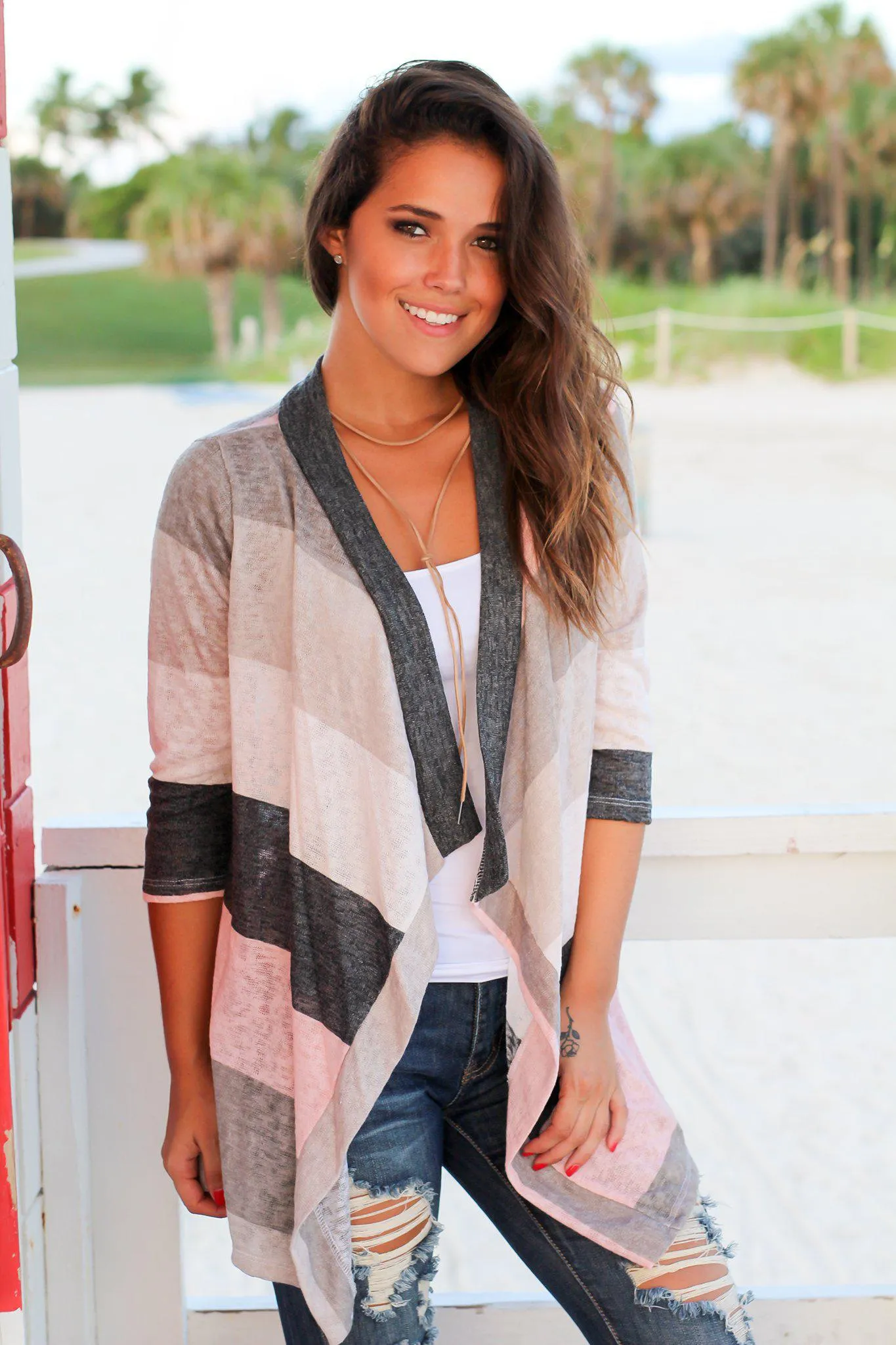 Ivory and Pink Color Block Cardigan