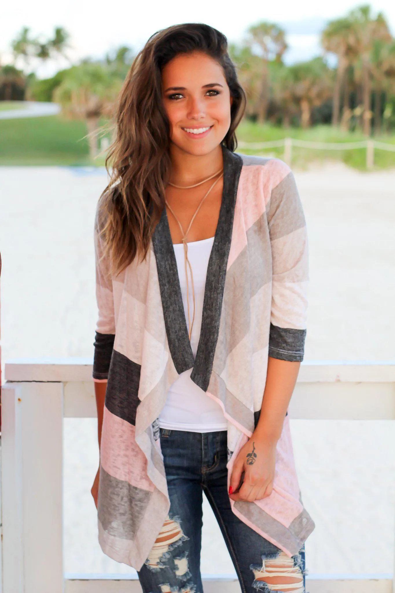 Ivory and Pink Color Block Cardigan