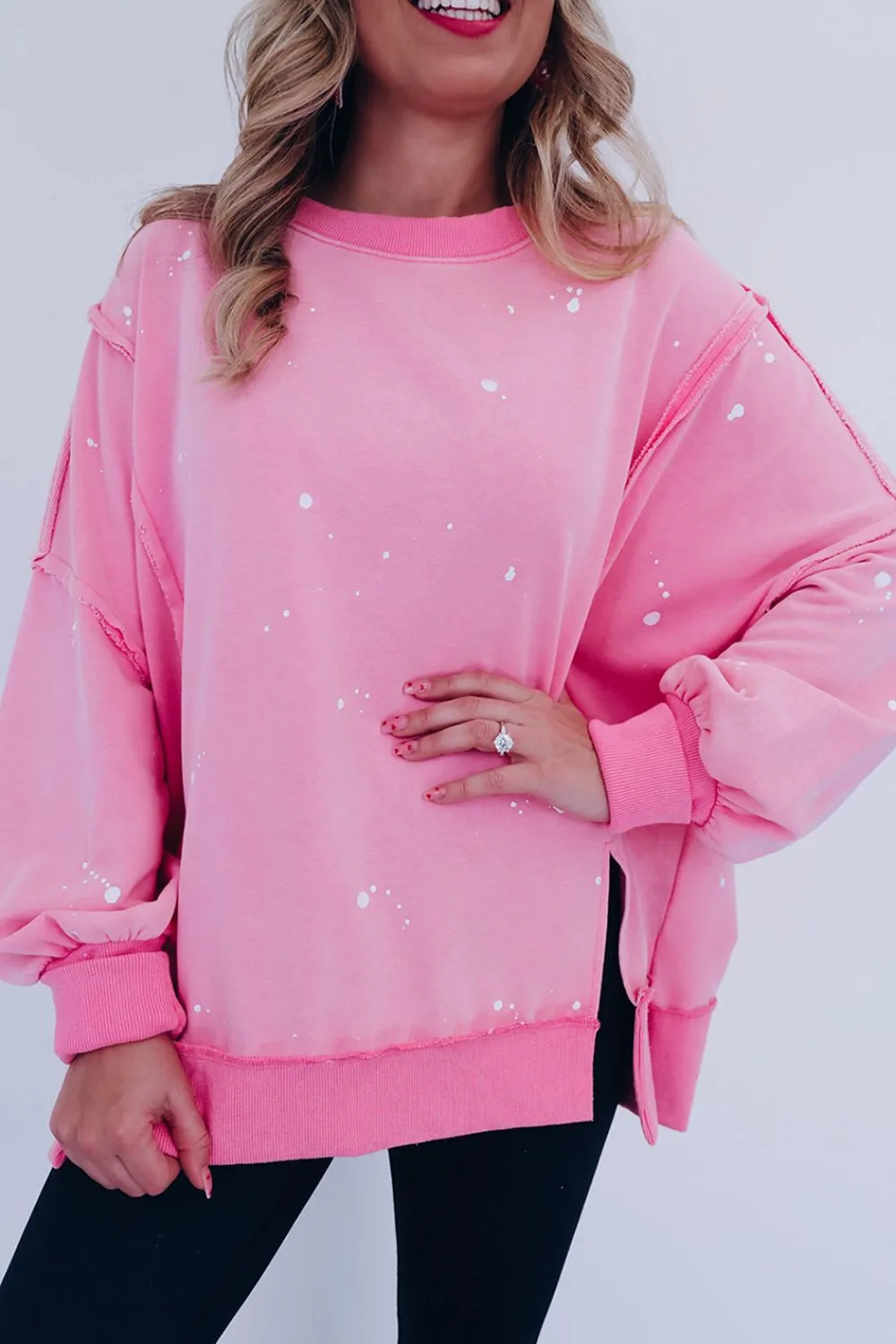 kesley Pink Sweater New Women's Fashion Exposed Seam Splatter Print Round Neck Sweatshirt