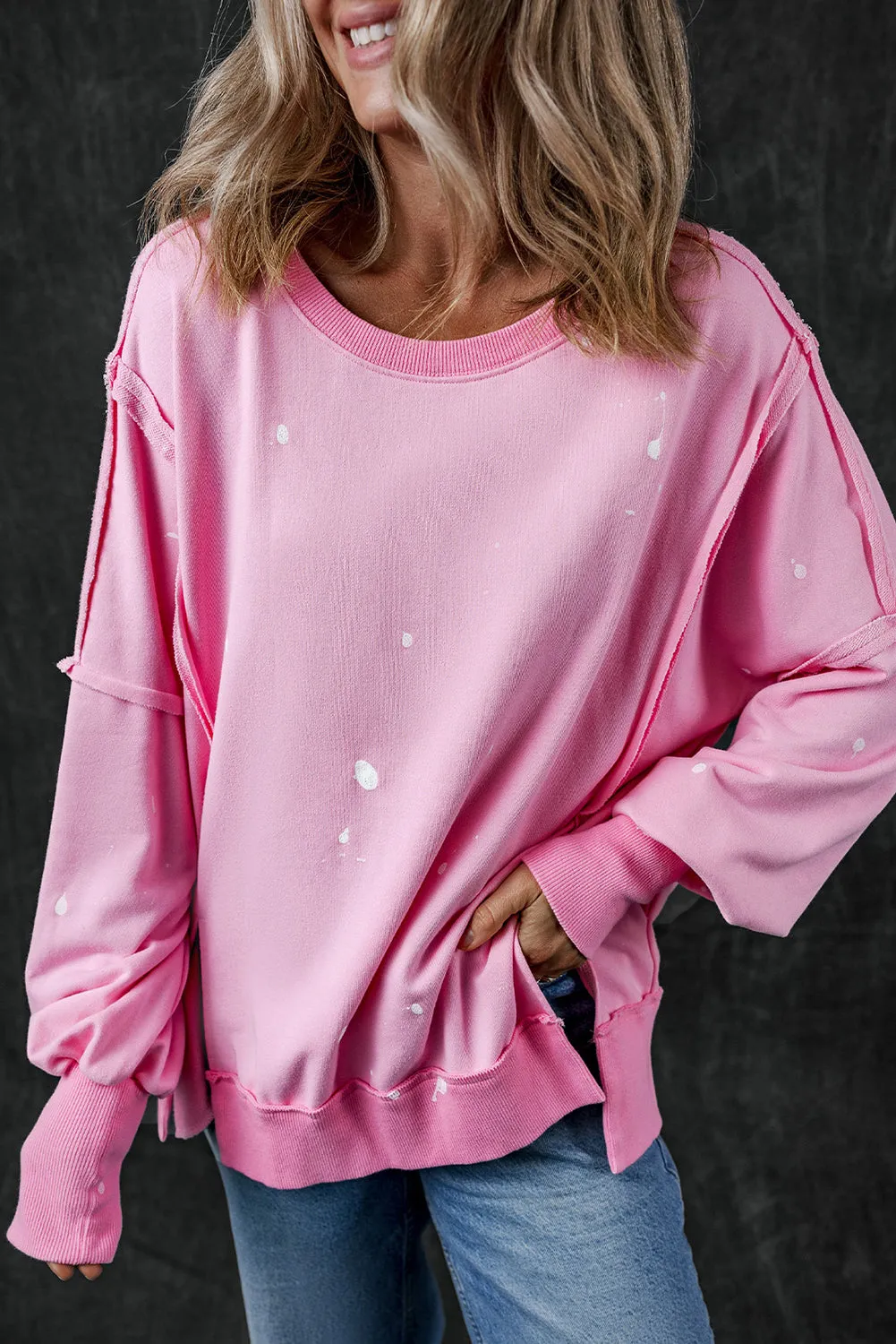 kesley Pink Sweater New Women's Fashion Exposed Seam Splatter Print Round Neck Sweatshirt