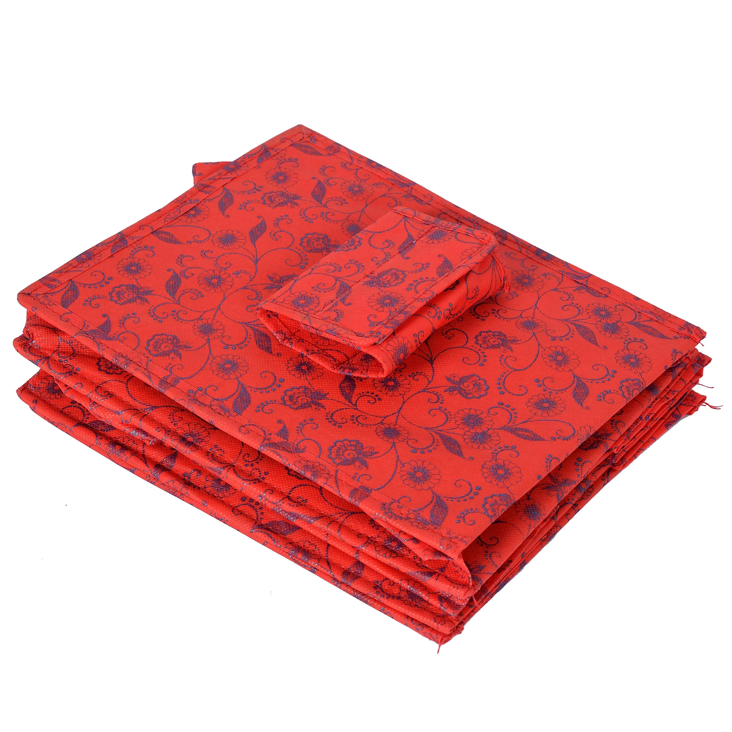 Kuber Industries Metalic Floral Print Non Woven Hanging 4 Shelves Foldable Wardrobe/Closet Cloth Organizer (Set of 2, Red)-KUBMART1167