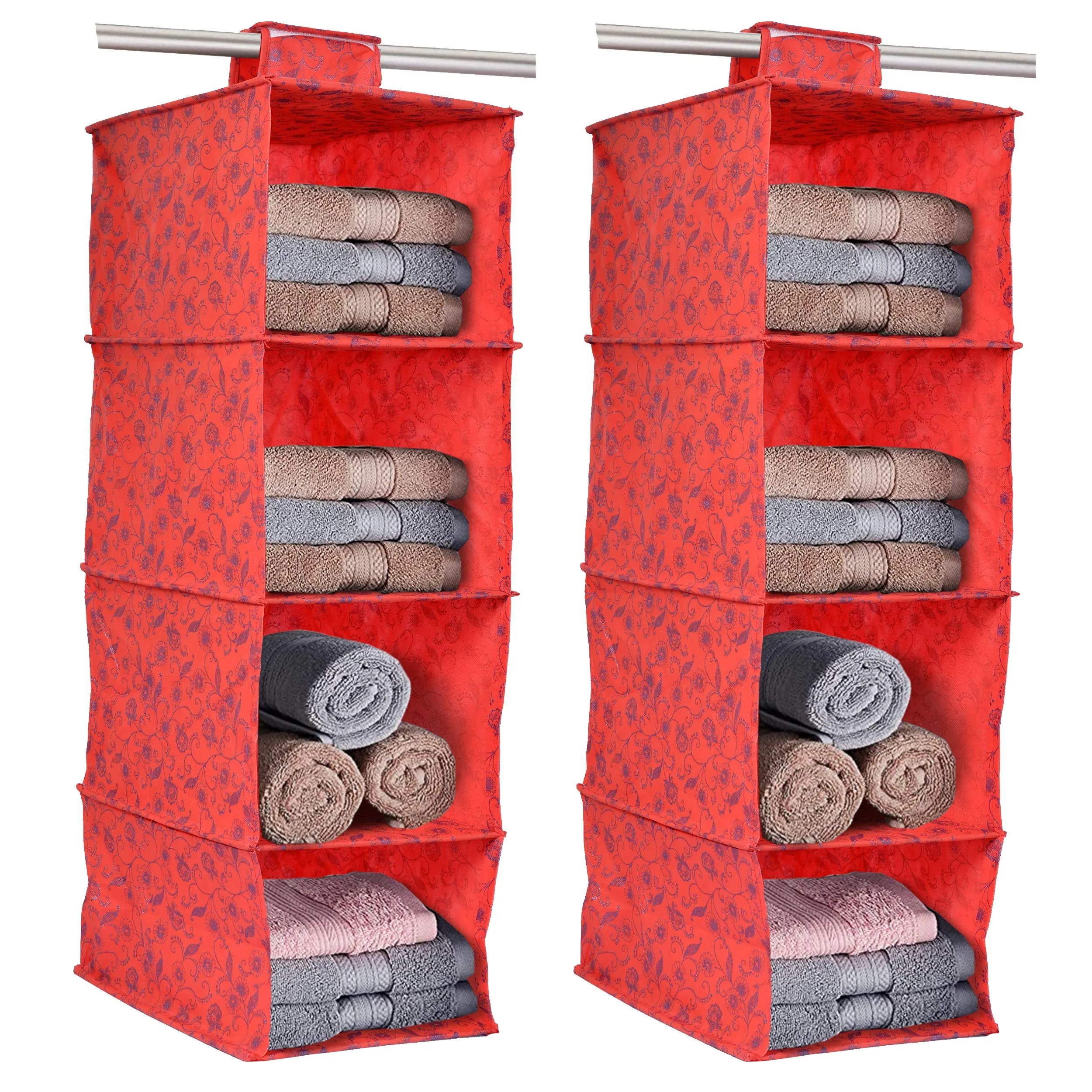 Kuber Industries Metalic Floral Print Non Woven Hanging 4 Shelves Foldable Wardrobe/Closet Cloth Organizer (Set of 2, Red)-KUBMART1167