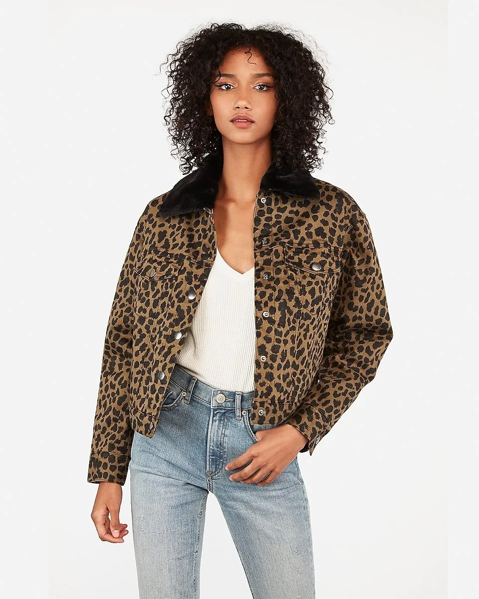 Leopard Print Sherpa-Lined Denim Shortie Jacket in Leopard