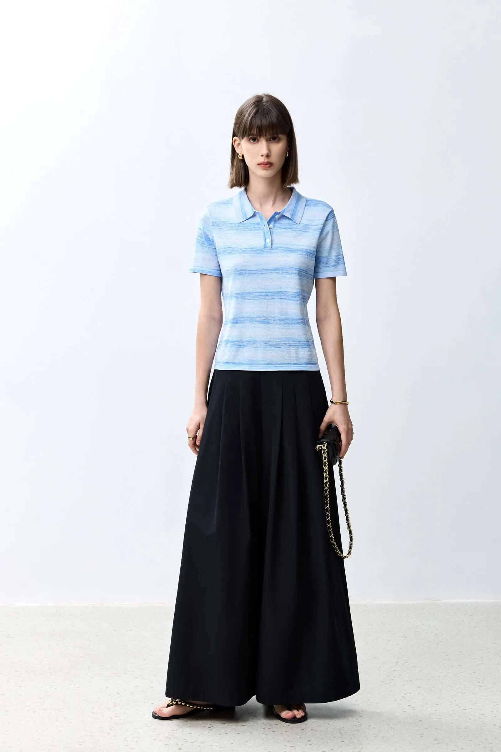 LILY Polo Collar Striped Versatile Short-Sleeve Knit Top