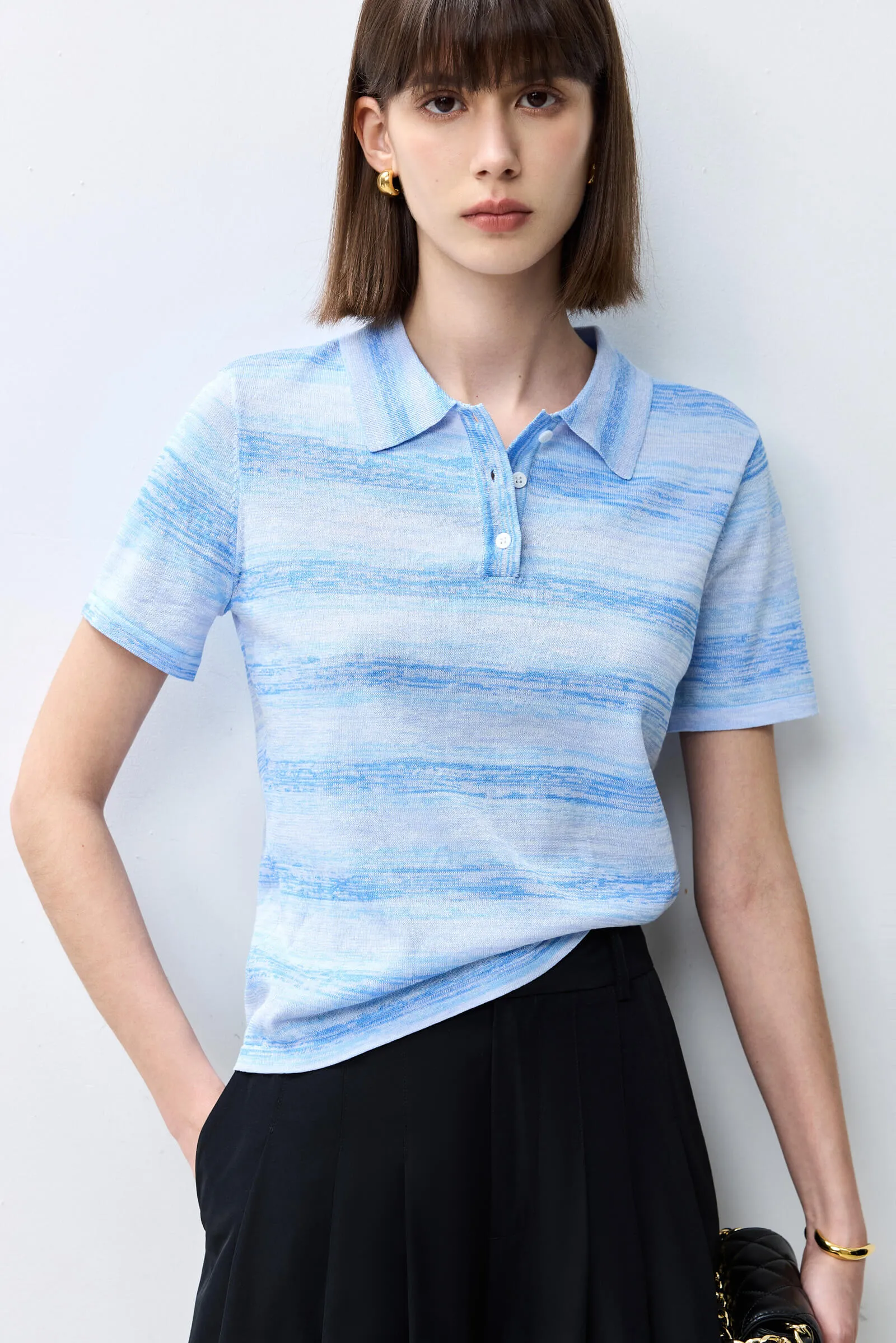 LILY Polo Collar Striped Versatile Short-Sleeve Knit Top