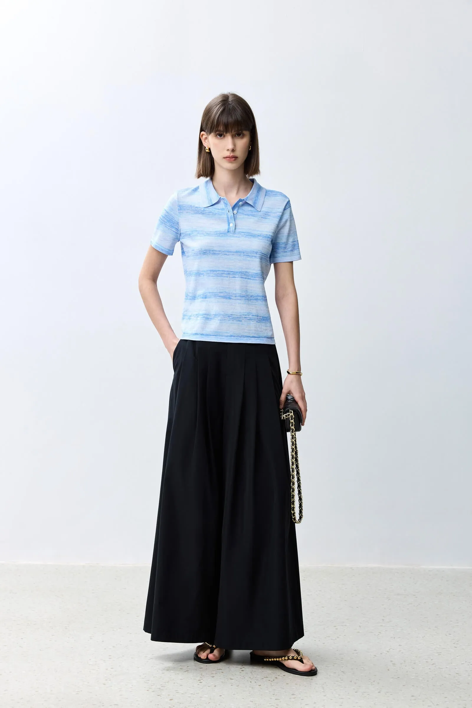 LILY Polo Collar Striped Versatile Short-Sleeve Knit Top