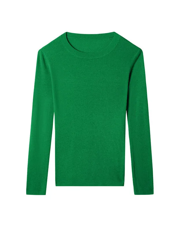 Long Sleeves Skinny Solid Color Round-Neck Knitwear Pullovers Sweater Tops