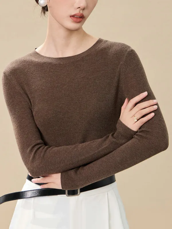 Long Sleeves Skinny Solid Color Round-Neck Knitwear Pullovers Sweater Tops