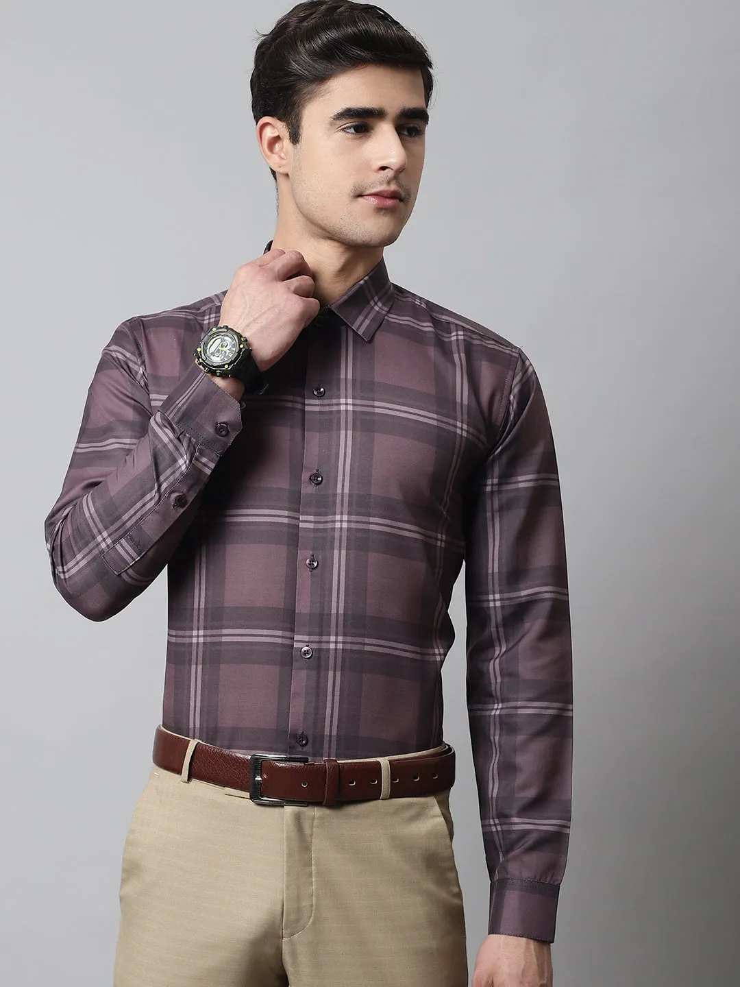 Men Brown Checks Regular Fit Cotton Formal Shirt