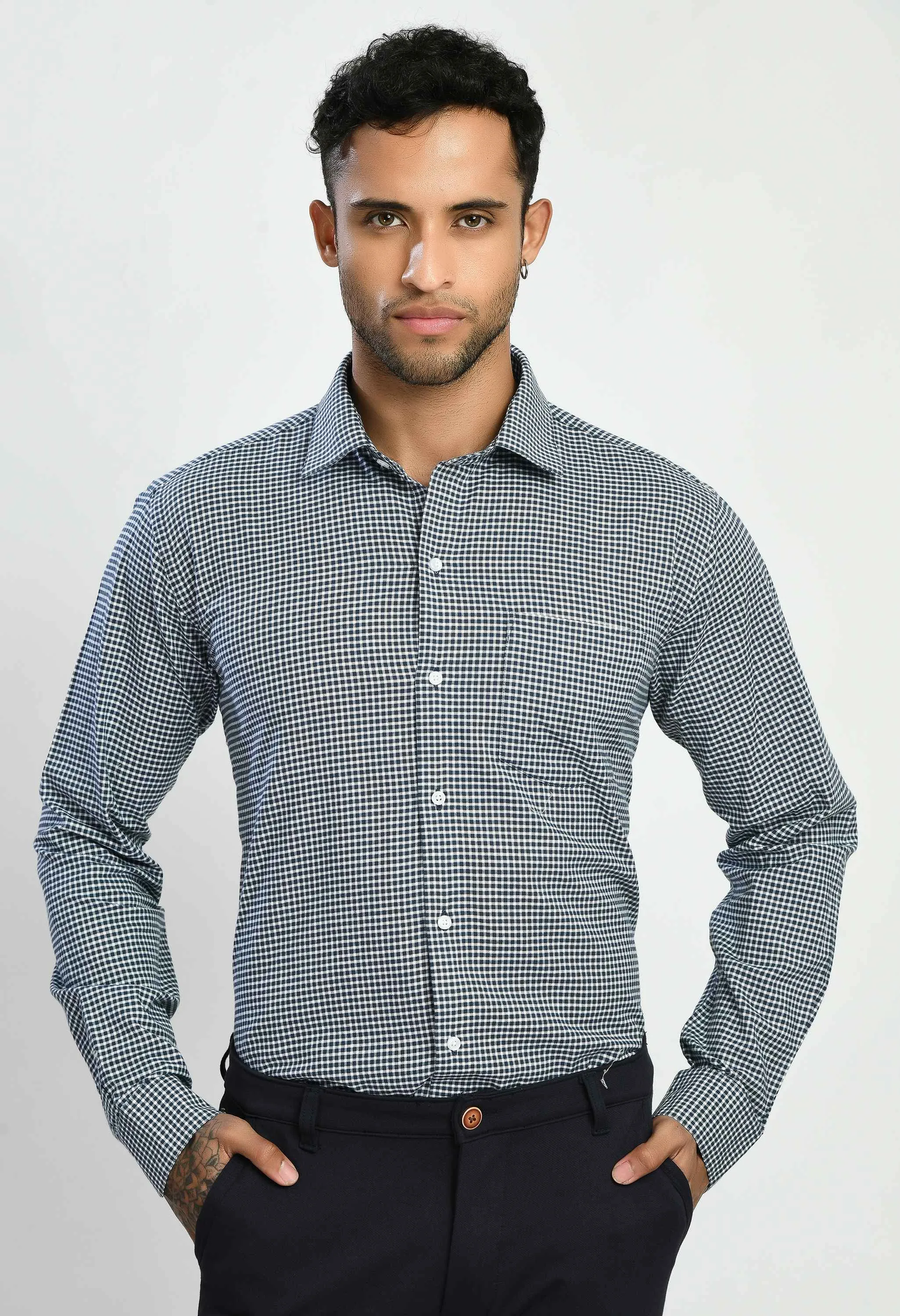 Men's Checked Black White Cotton Formal Shirt