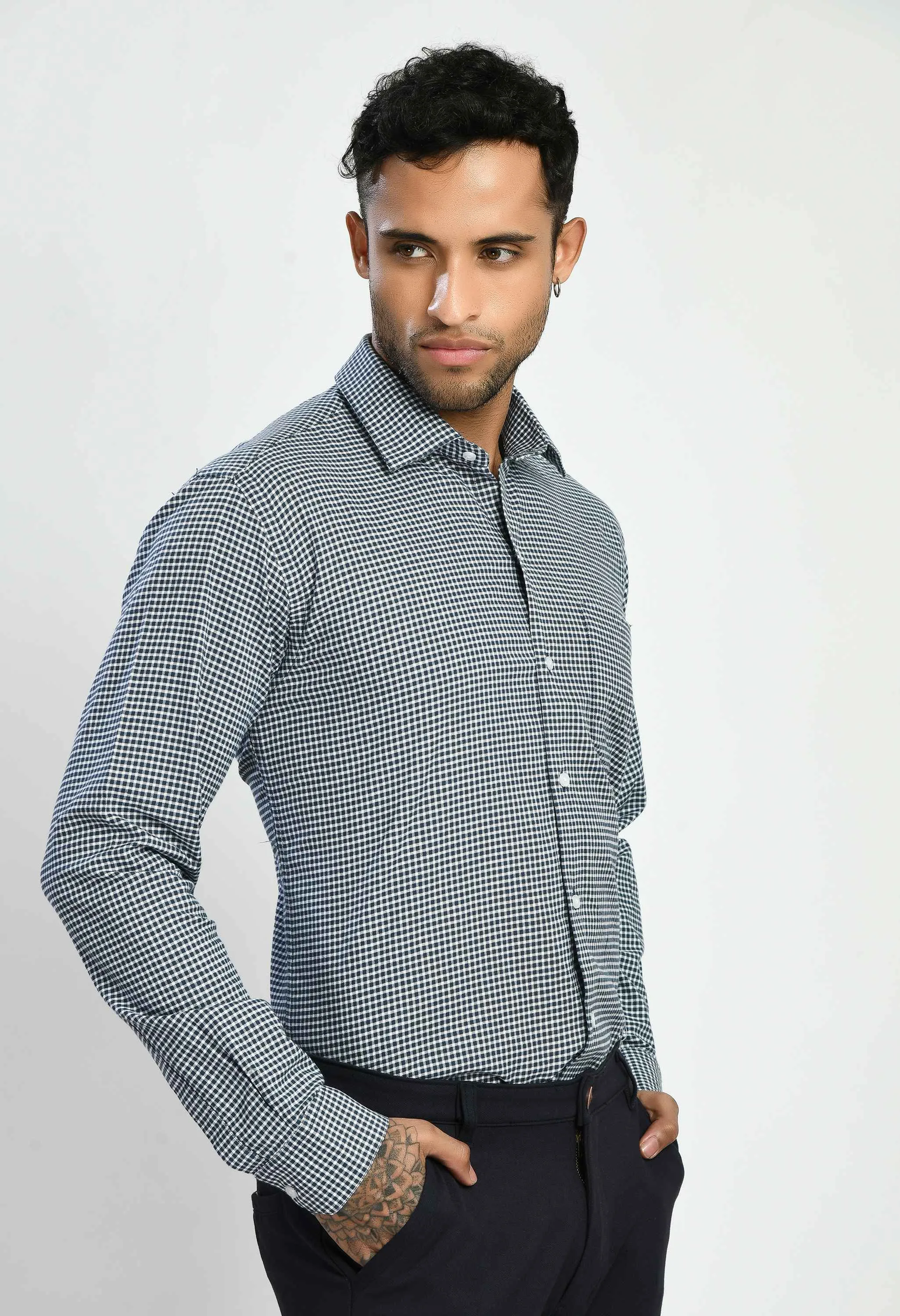 Men's Checked Black White Cotton Formal Shirt