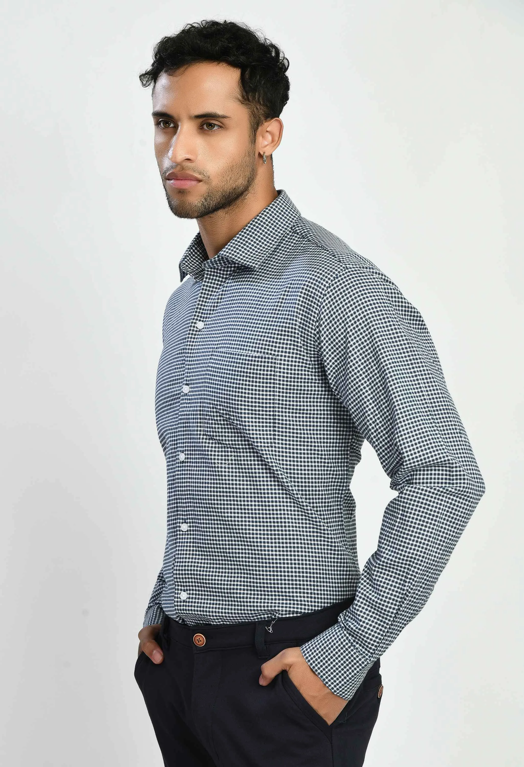 Men's Checked Black White Cotton Formal Shirt