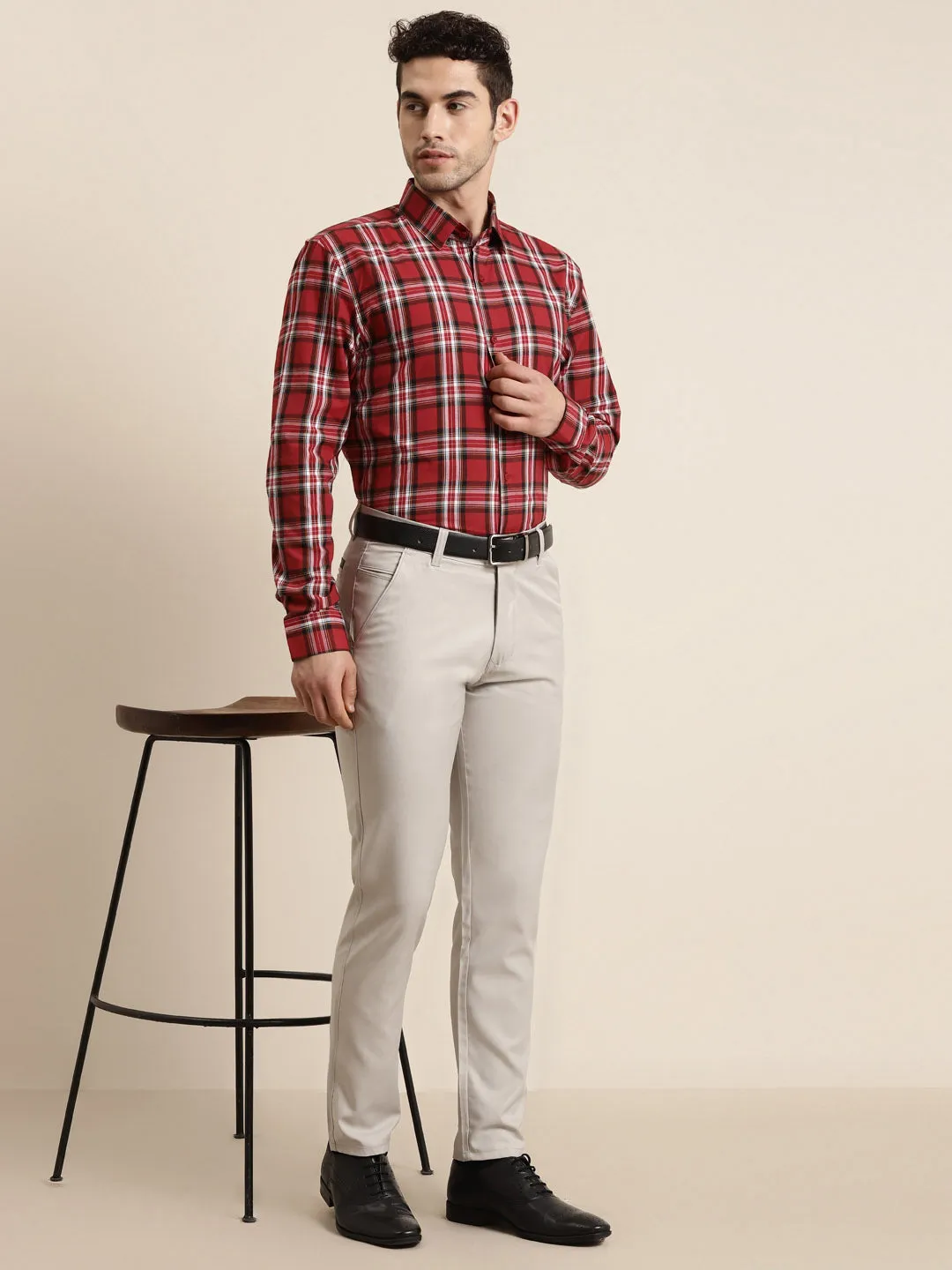 Men's Cotton Red & White & Casual Shirt