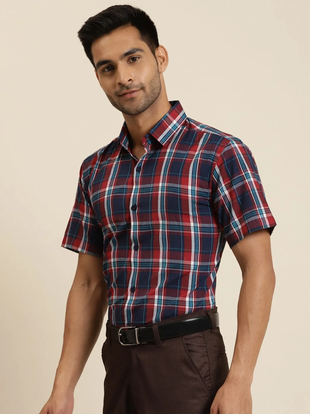 Men's Cotton Red Half sleeves Formal Shirt - Sojanya