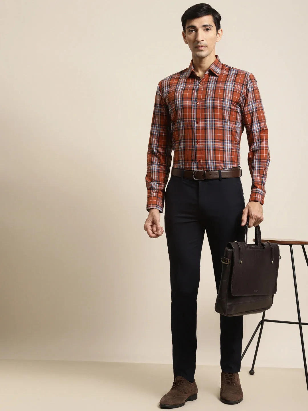 Men's Cotton Rust & Blue Check Formal Shirt - Sojanya