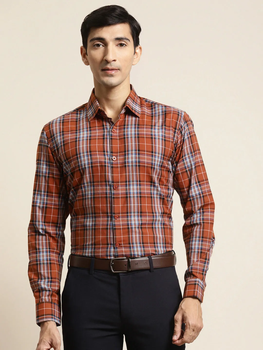 Men's Cotton Rust & Blue Check Formal Shirt - Sojanya