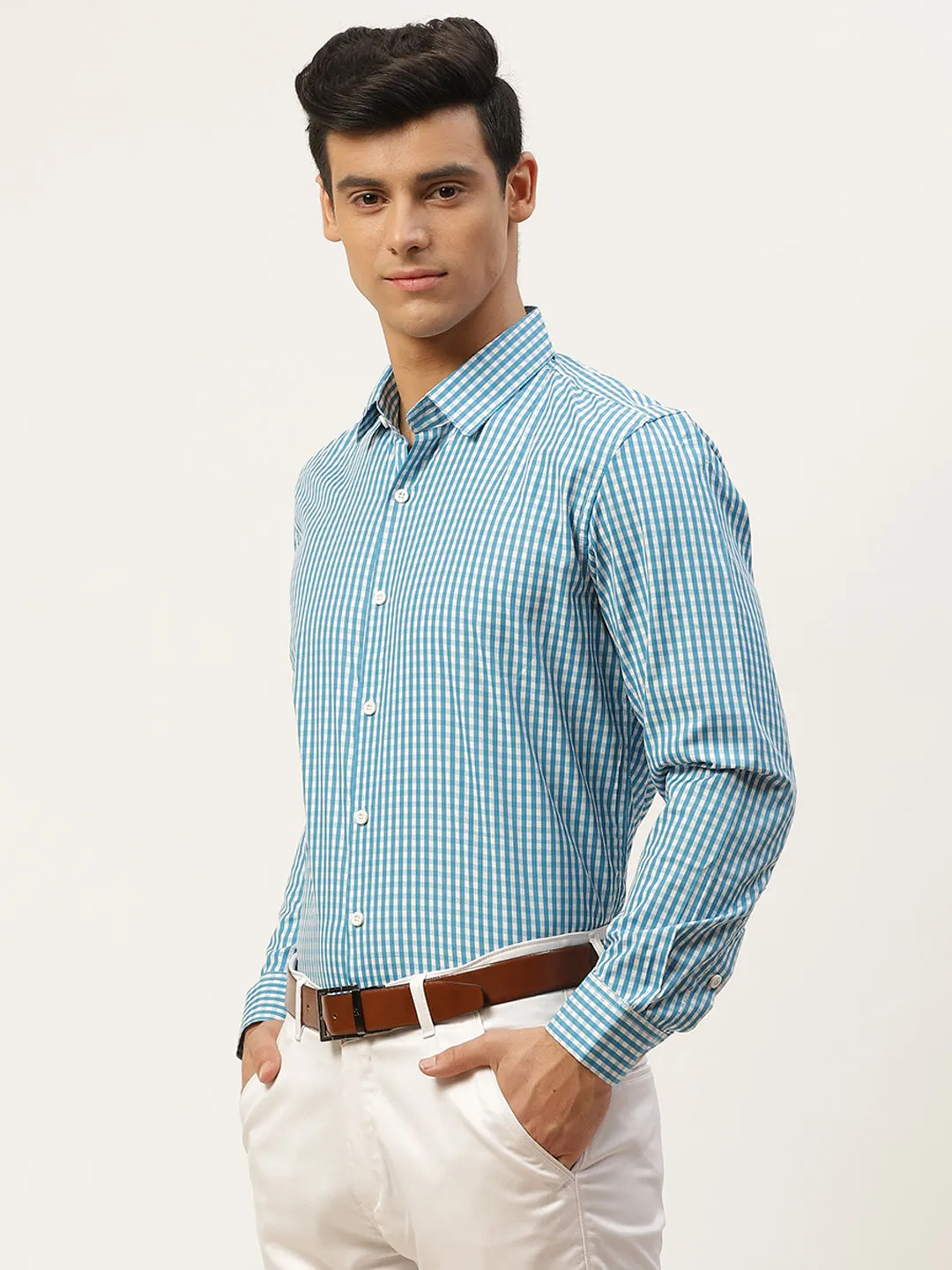 Men's Cotton Teal Blue & White Checked Formal Shirt - Sojanya