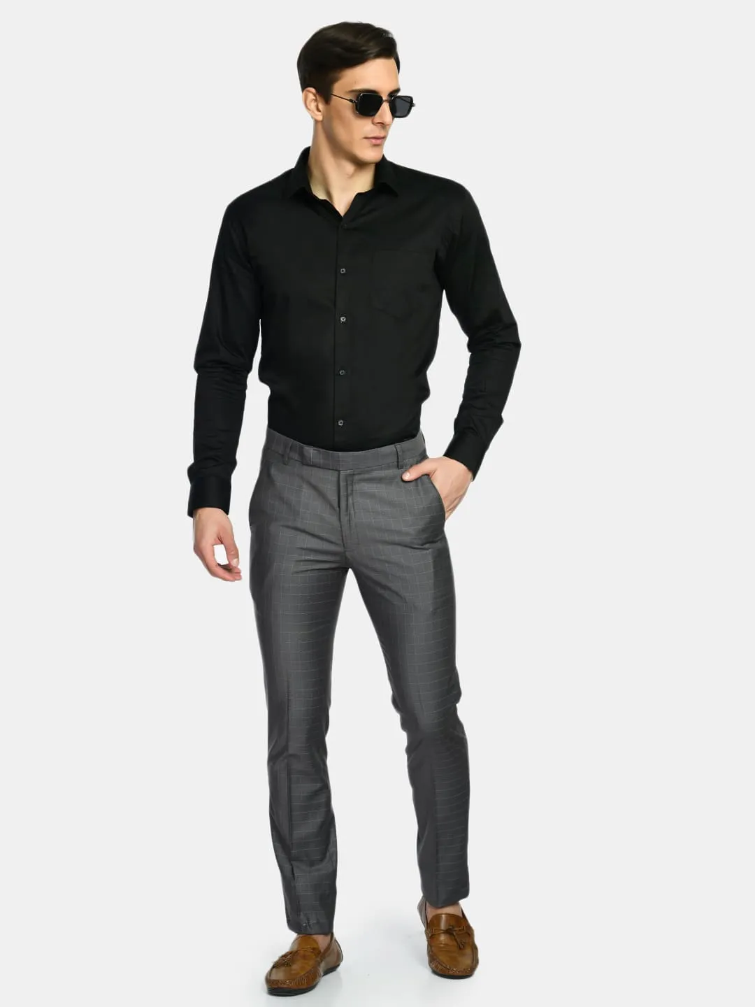 Men's Grey Checked Slim Fit Formal Trouser