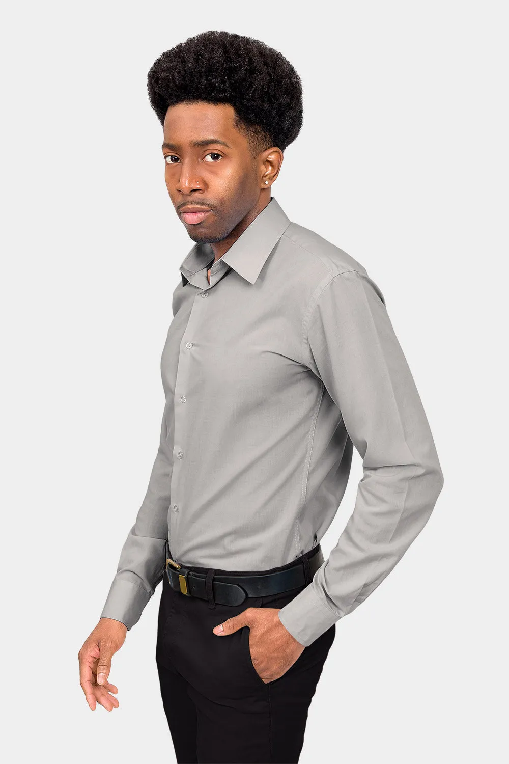 Men's Slim Fit Solid Color Dress Shirt (Grey)