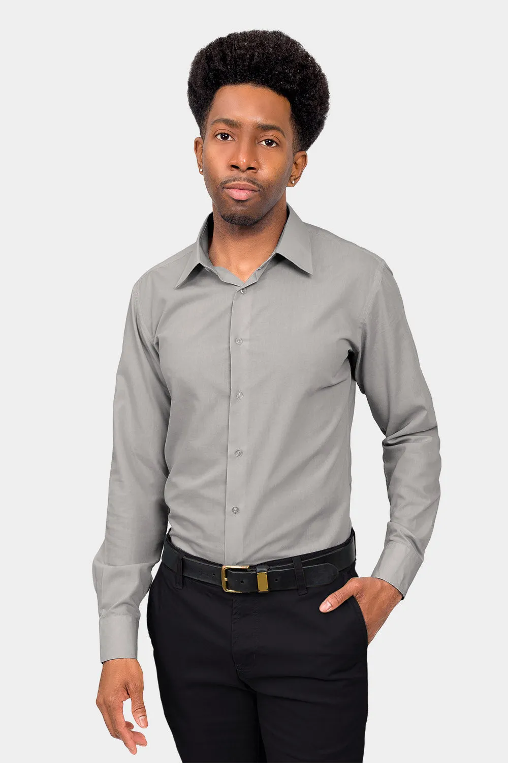 Men's Slim Fit Solid Color Dress Shirt (Grey)