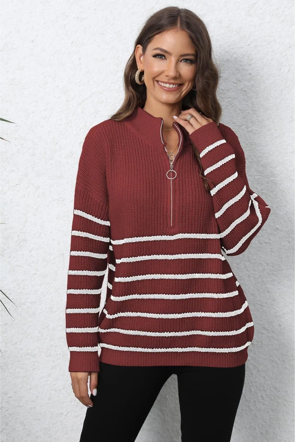 Mock Neck Long Sleeve Zip-Up Sweater