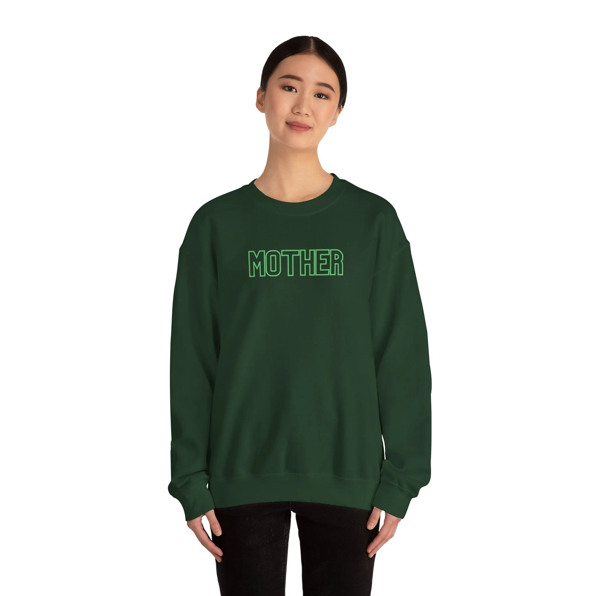 MOTHER Oversized Pullover Crewneck Sweatshirt, Gifts for Mom, Baby Shower Gifts, Neon Green on Hunter Green, Mother's Day Gift