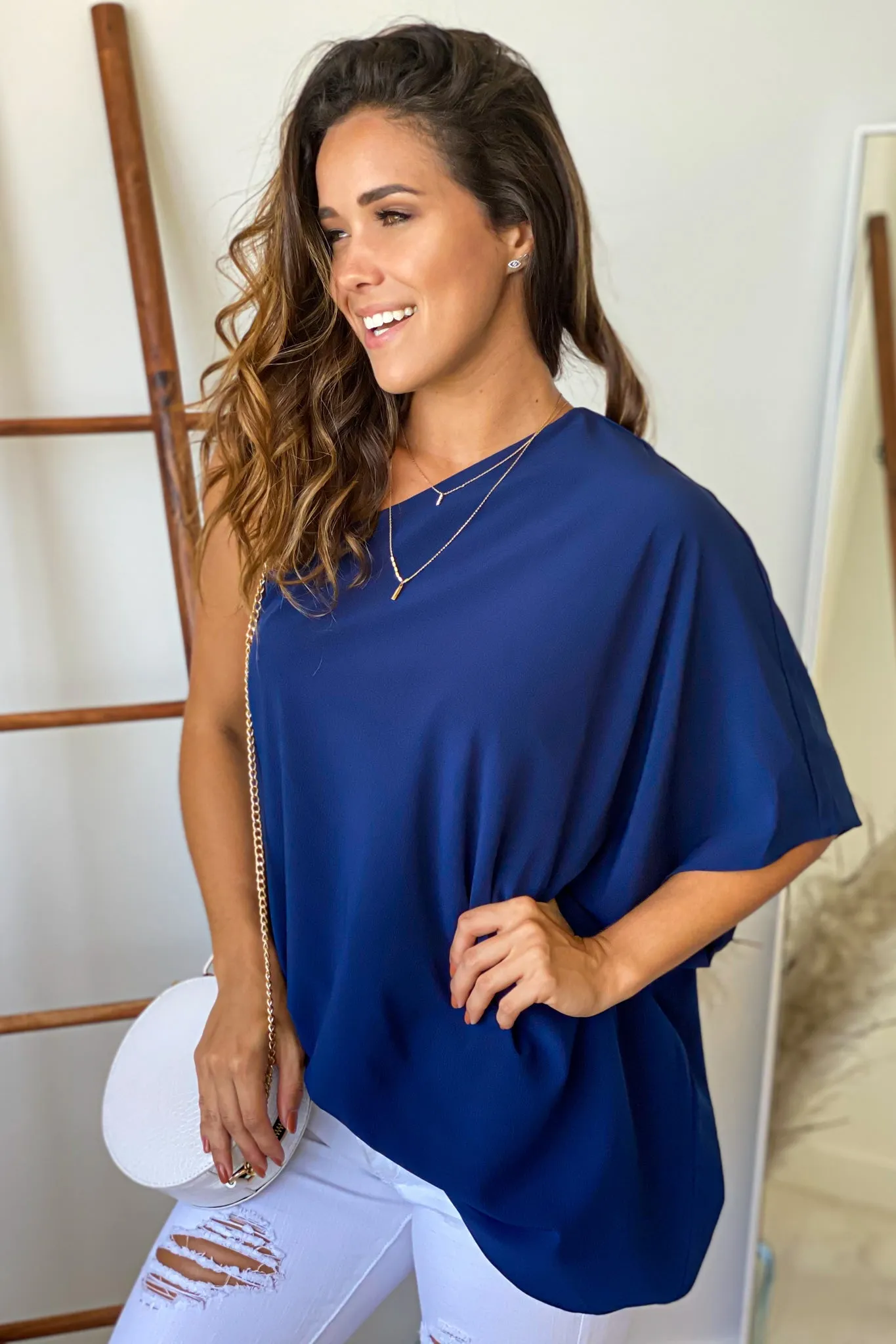 Navy One Shoulder Oversized Top