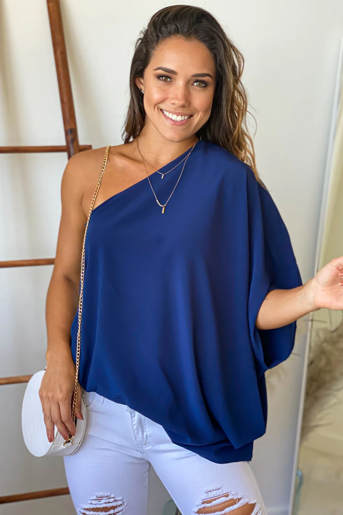 Navy One Shoulder Oversized Top