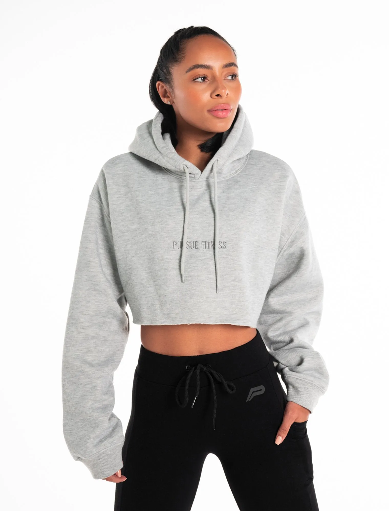 Oversized Crop Hoodie - Marl Grey