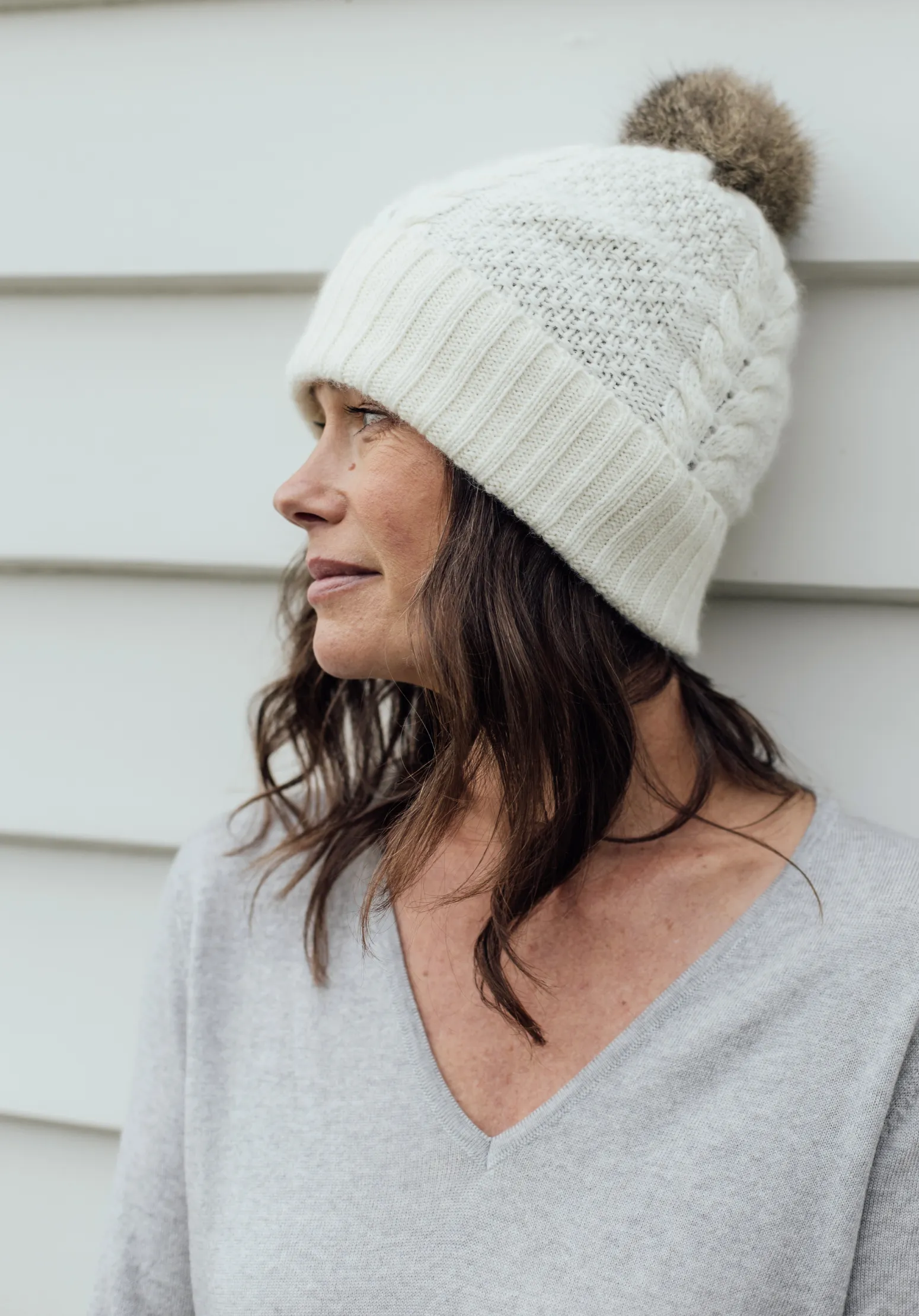 Possum Pom Pom Cable Beanie - Natural