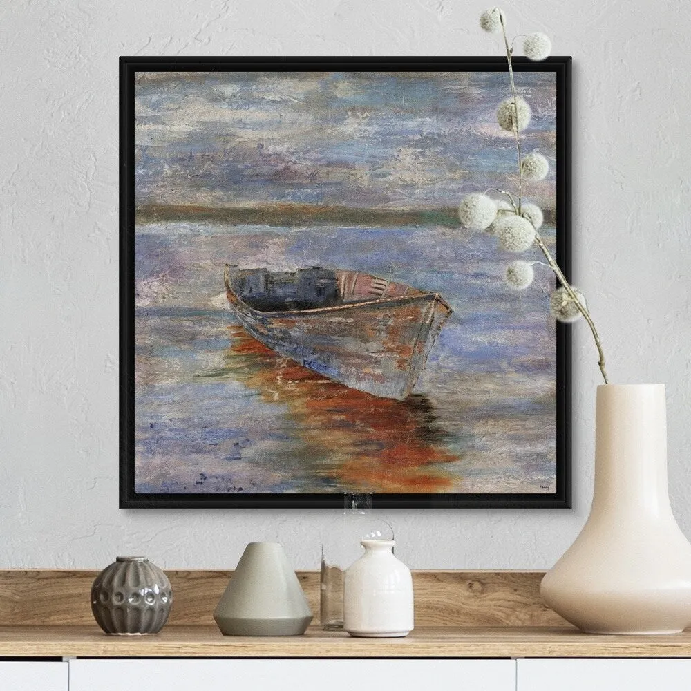 "Boat by the Waters Edge V" Black Float Frame Canvas Art