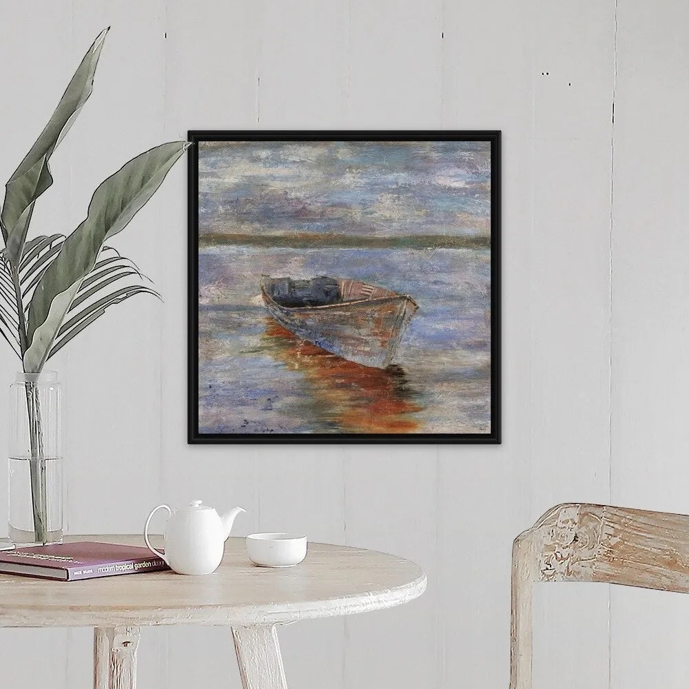 "Boat by the Waters Edge V" Black Float Frame Canvas Art