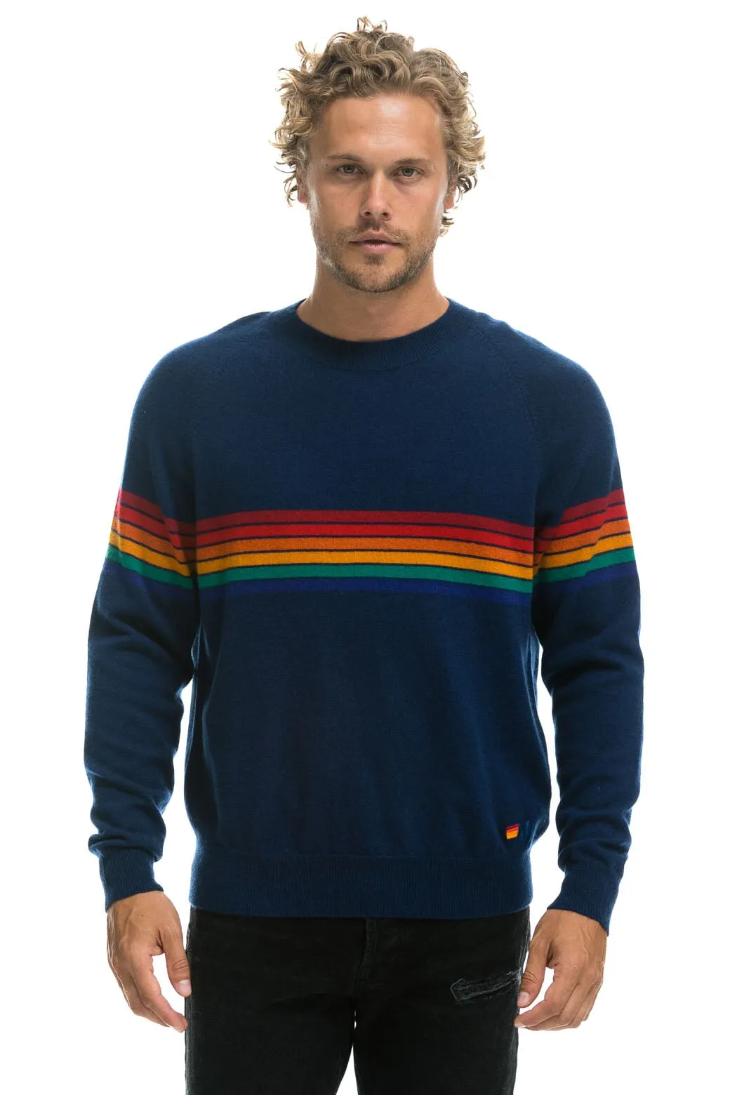 RAINBOW STRIPE 6 UNISEX LIGHT CASHMERE SWEATER - MIDNIGHT