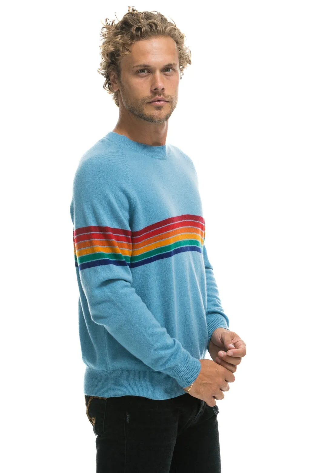 RAINBOW STRIPE 6 UNISEX LIGHT CASHMERE SWEATER - OCEAN