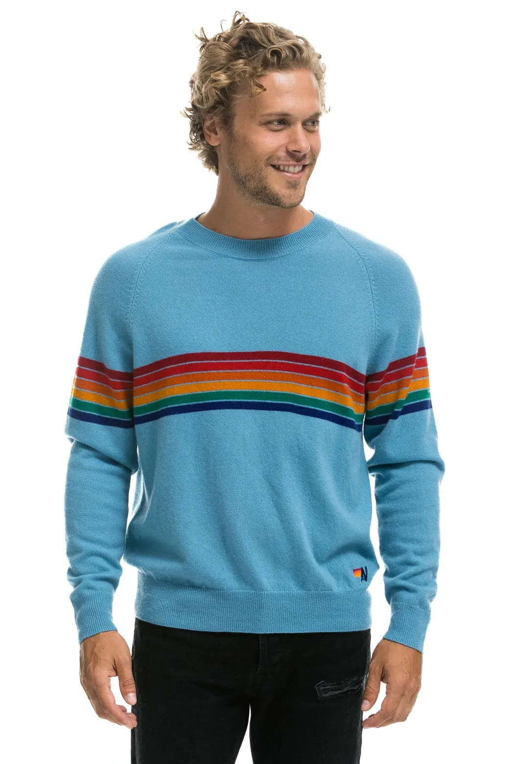 RAINBOW STRIPE 6 UNISEX LIGHT CASHMERE SWEATER - OCEAN