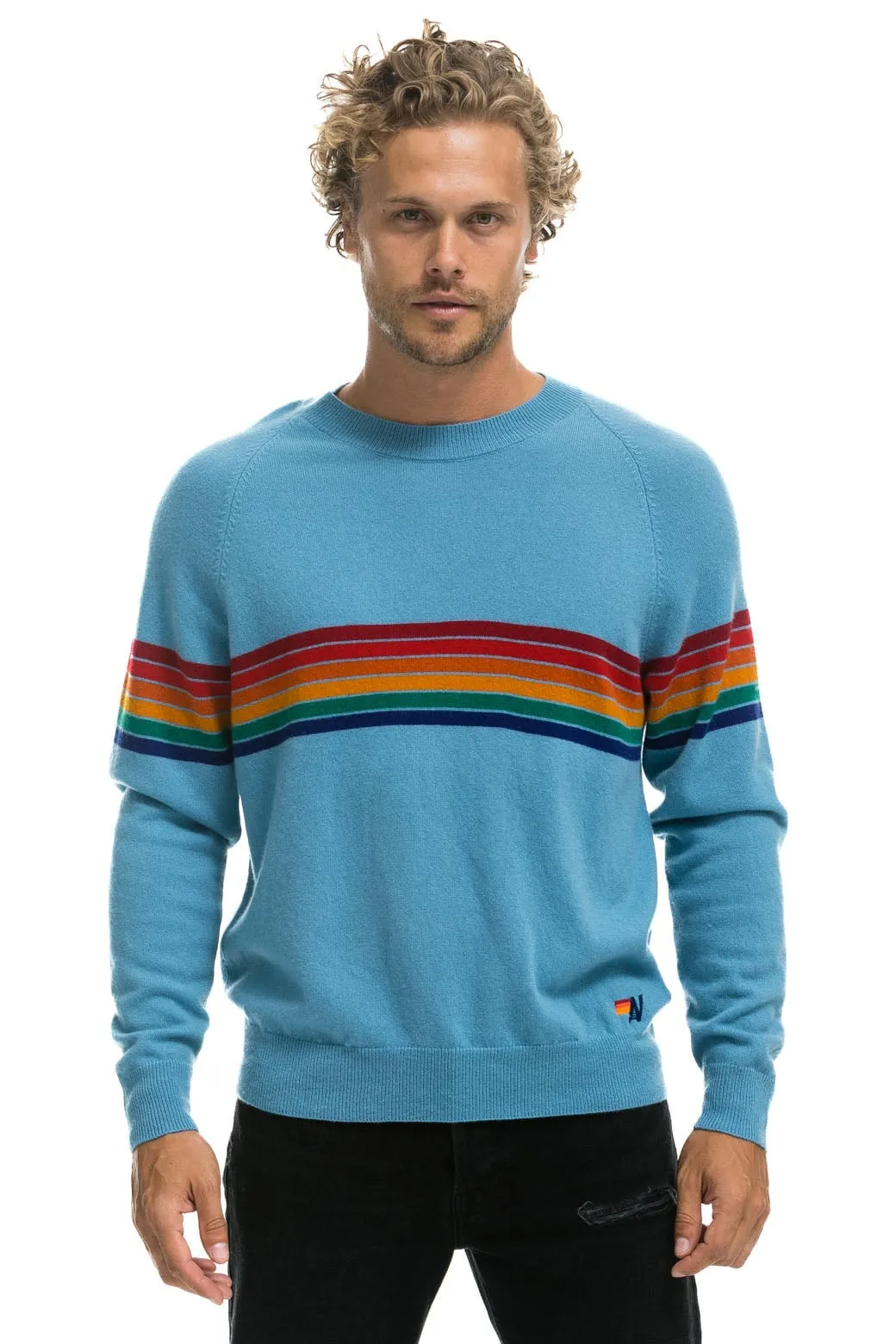 RAINBOW STRIPE 6 UNISEX LIGHT CASHMERE SWEATER - OCEAN