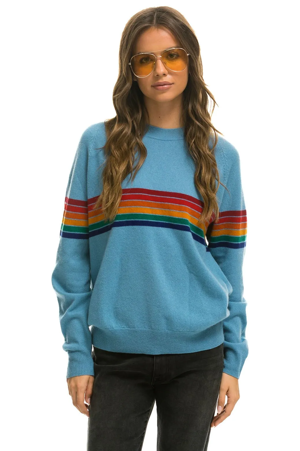 RAINBOW STRIPE 6 UNISEX LIGHT CASHMERE SWEATER - OCEAN