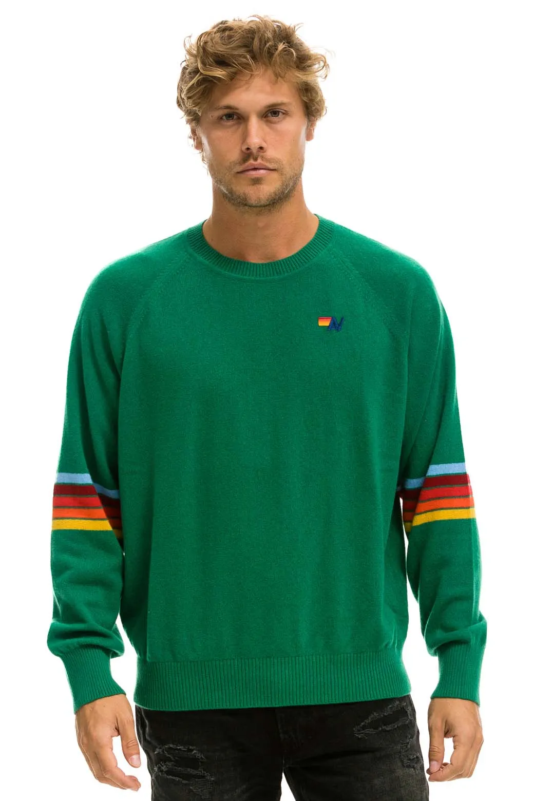 RAINBOW STRIPE SLEEVE UNISEX CASHMERE LIGHT SWEATER - AMAZON