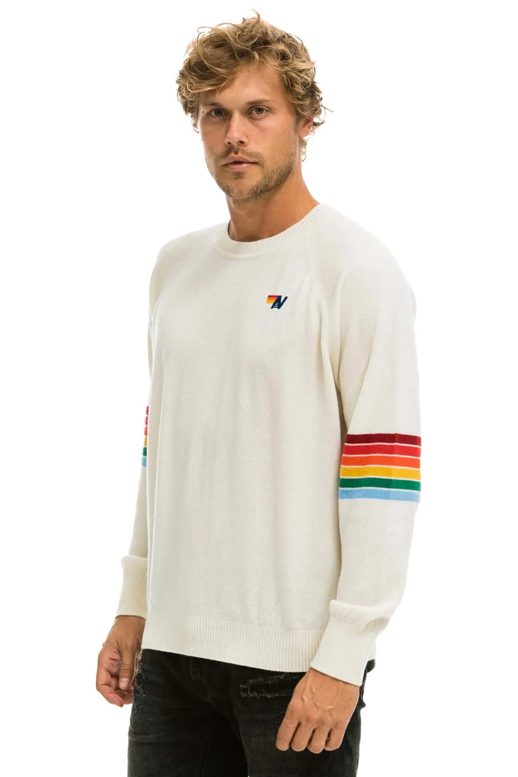 RAINBOW STRIPE SLEEVE UNISEX CASHMERE LIGHT SWEATER - VINTAGE WHITE