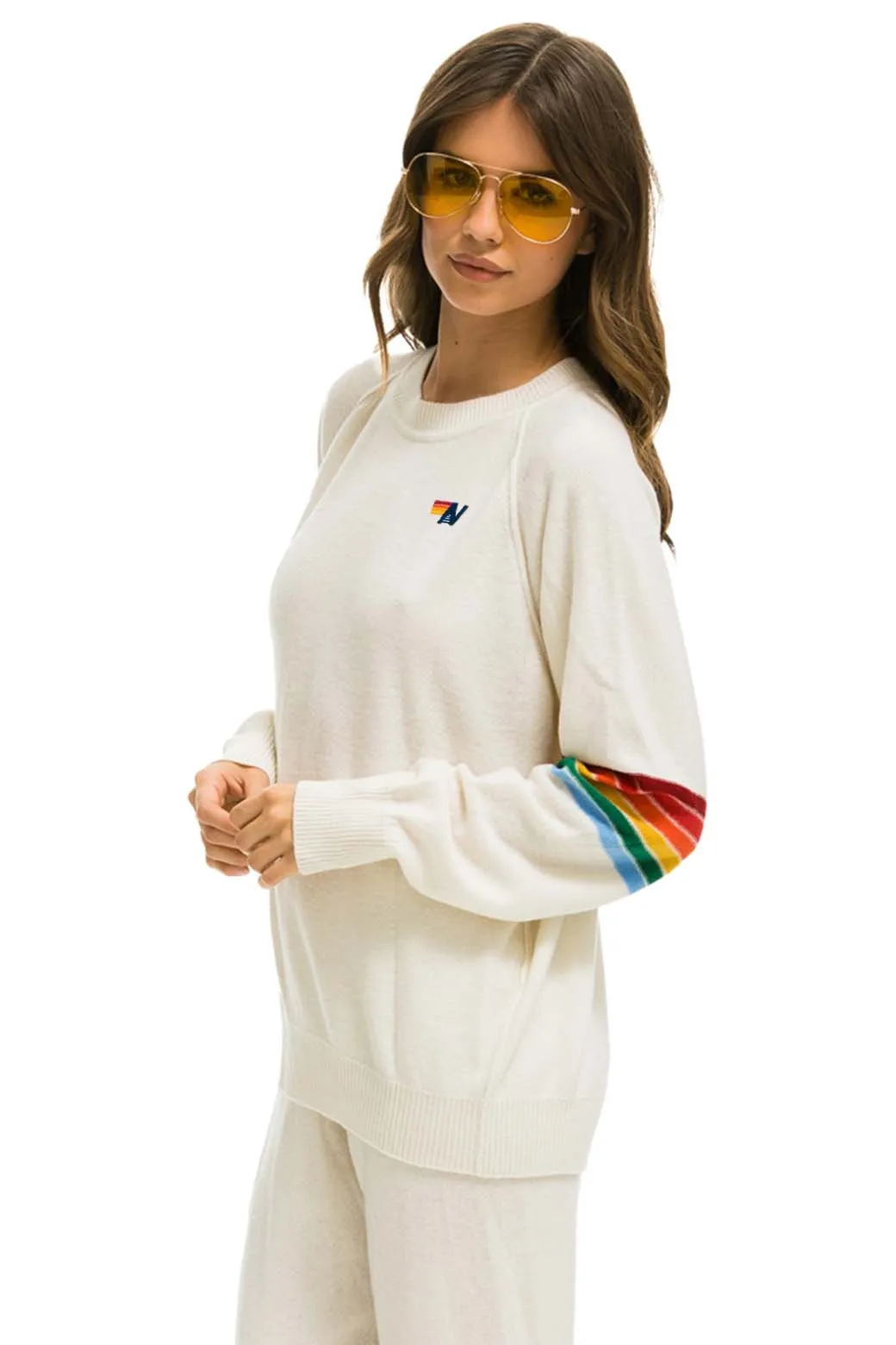 RAINBOW STRIPE SLEEVE UNISEX CASHMERE LIGHT SWEATER - VINTAGE WHITE