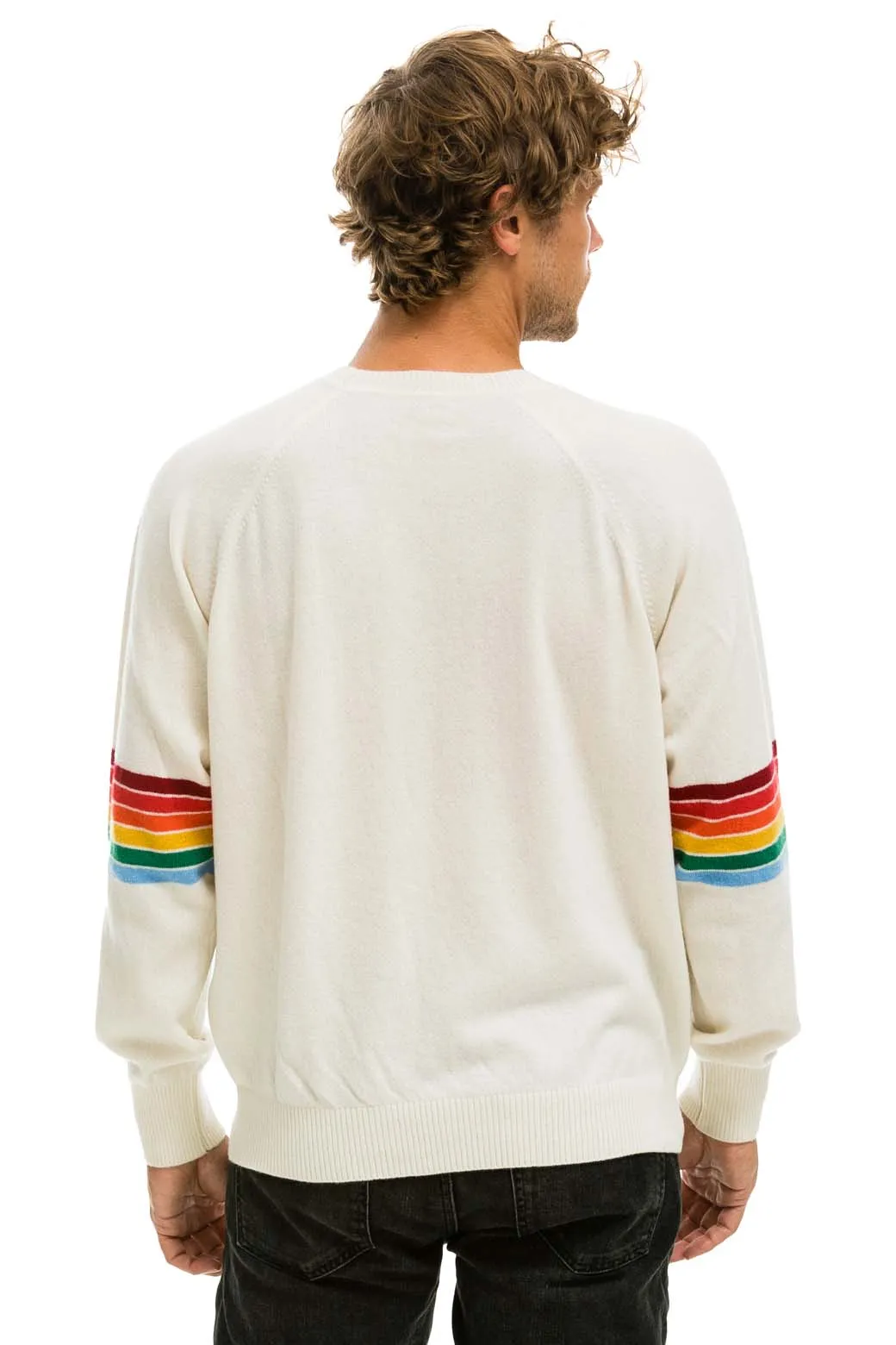 RAINBOW STRIPE SLEEVE UNISEX CASHMERE LIGHT SWEATER - VINTAGE WHITE