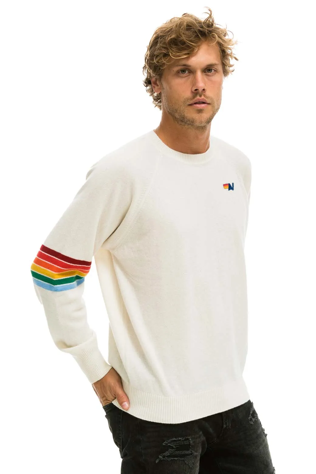 RAINBOW STRIPE SLEEVE UNISEX CASHMERE LIGHT SWEATER - VINTAGE WHITE