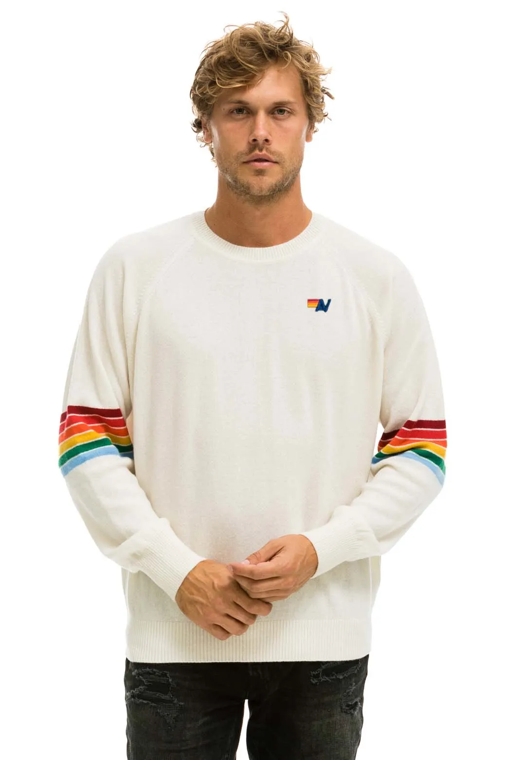 RAINBOW STRIPE SLEEVE UNISEX CASHMERE LIGHT SWEATER - VINTAGE WHITE