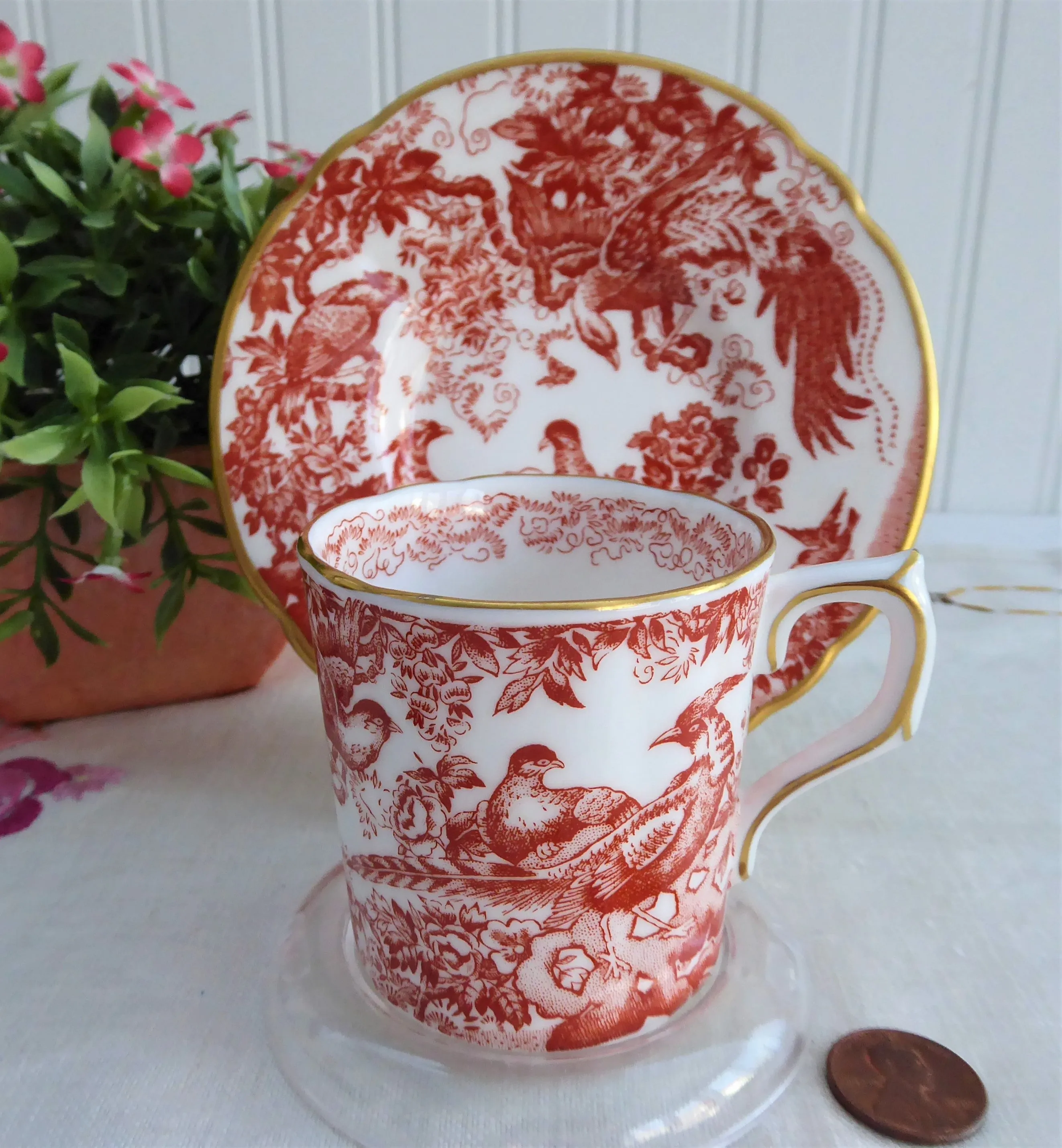 Red Aves Cup And Saucer Royal Crown Derby 1978 Birds Demitasse Charming Red White