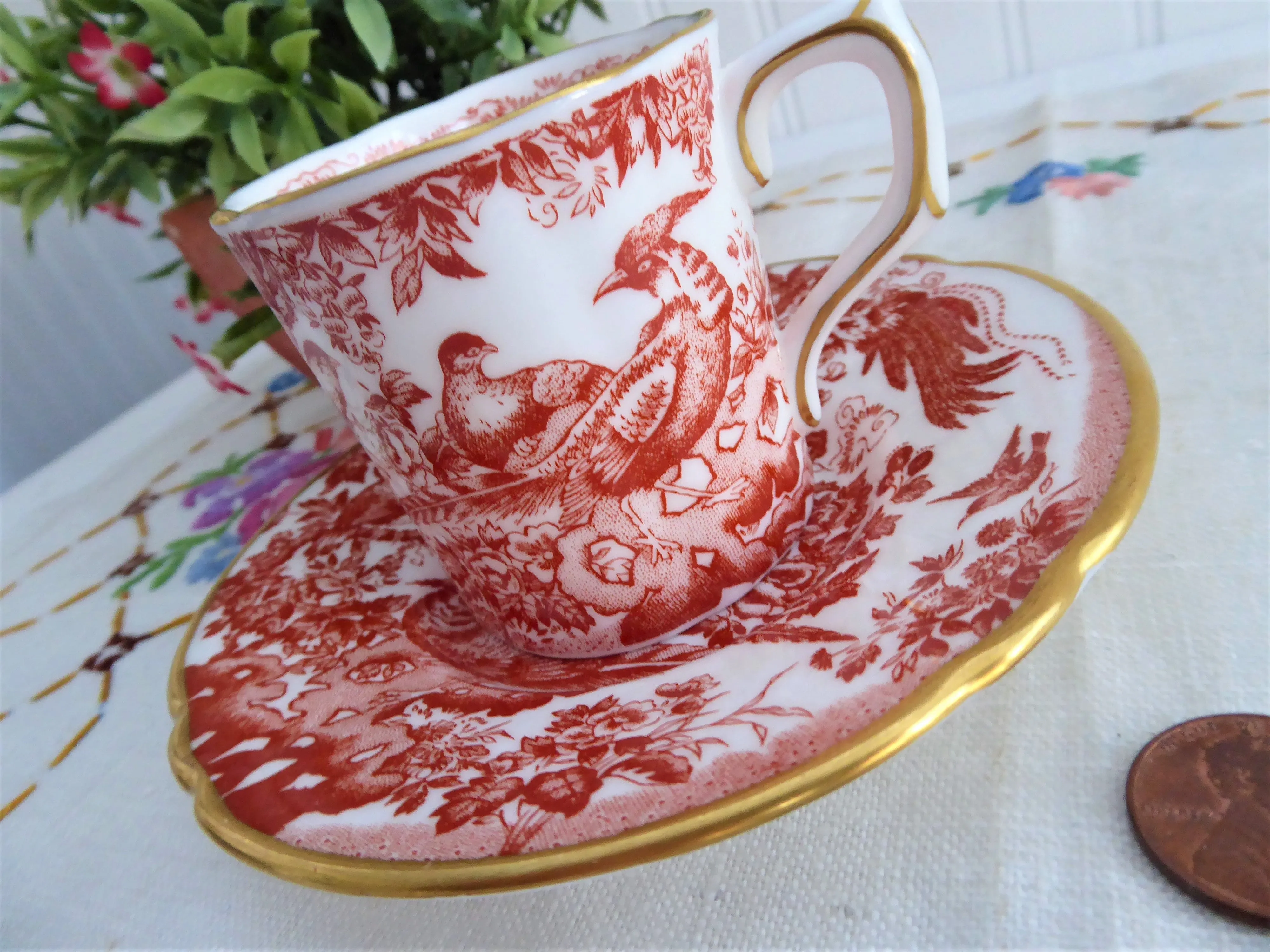 Red Aves Cup And Saucer Royal Crown Derby 1978 Birds Demitasse Charming Red White