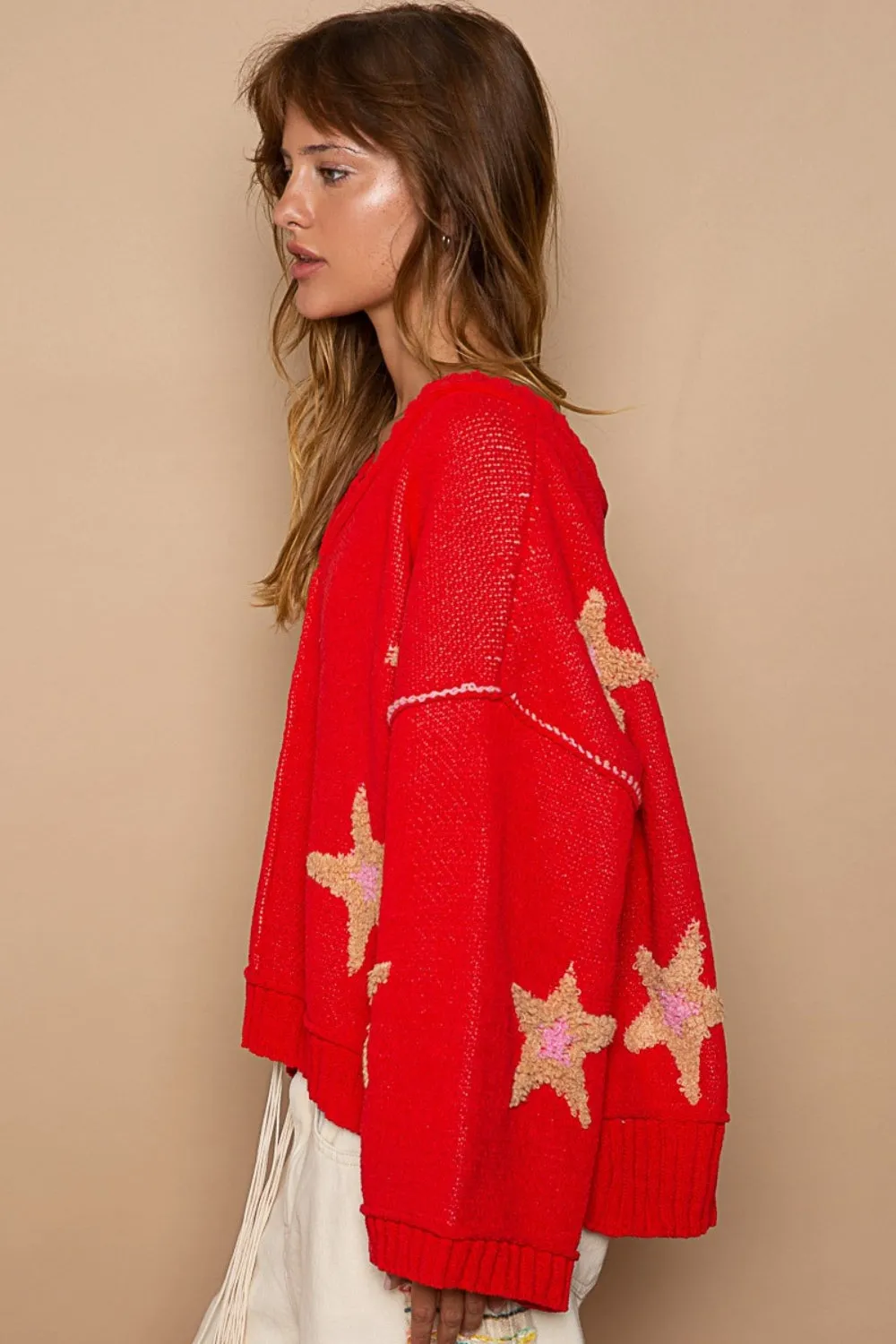 Red Sweater Stars Long Sleeve Star Patch Sweater KESLEY