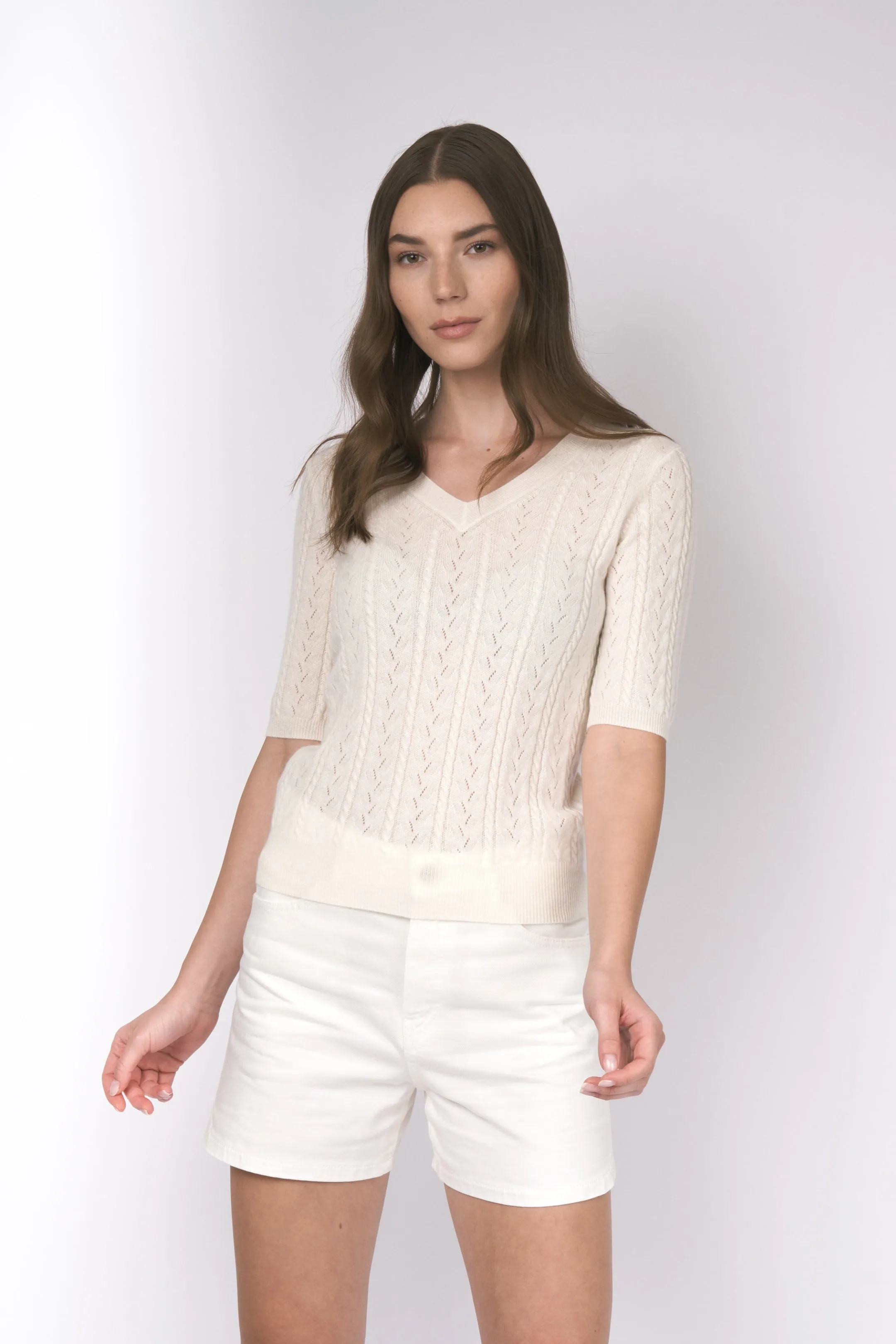 Robertson Madison 100% Cashmere Short Sleeve V Neck Sweater CC-269 | Ivory | Clearance Final Sale