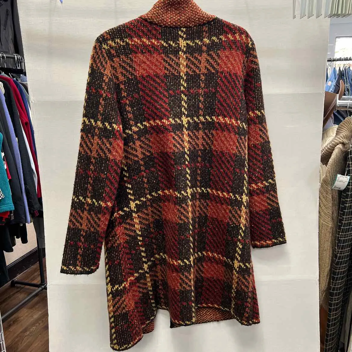 SOFT SURROUNDINGS LONG Plaid Women's Sweaters Women Size S Orange & Black Shrug