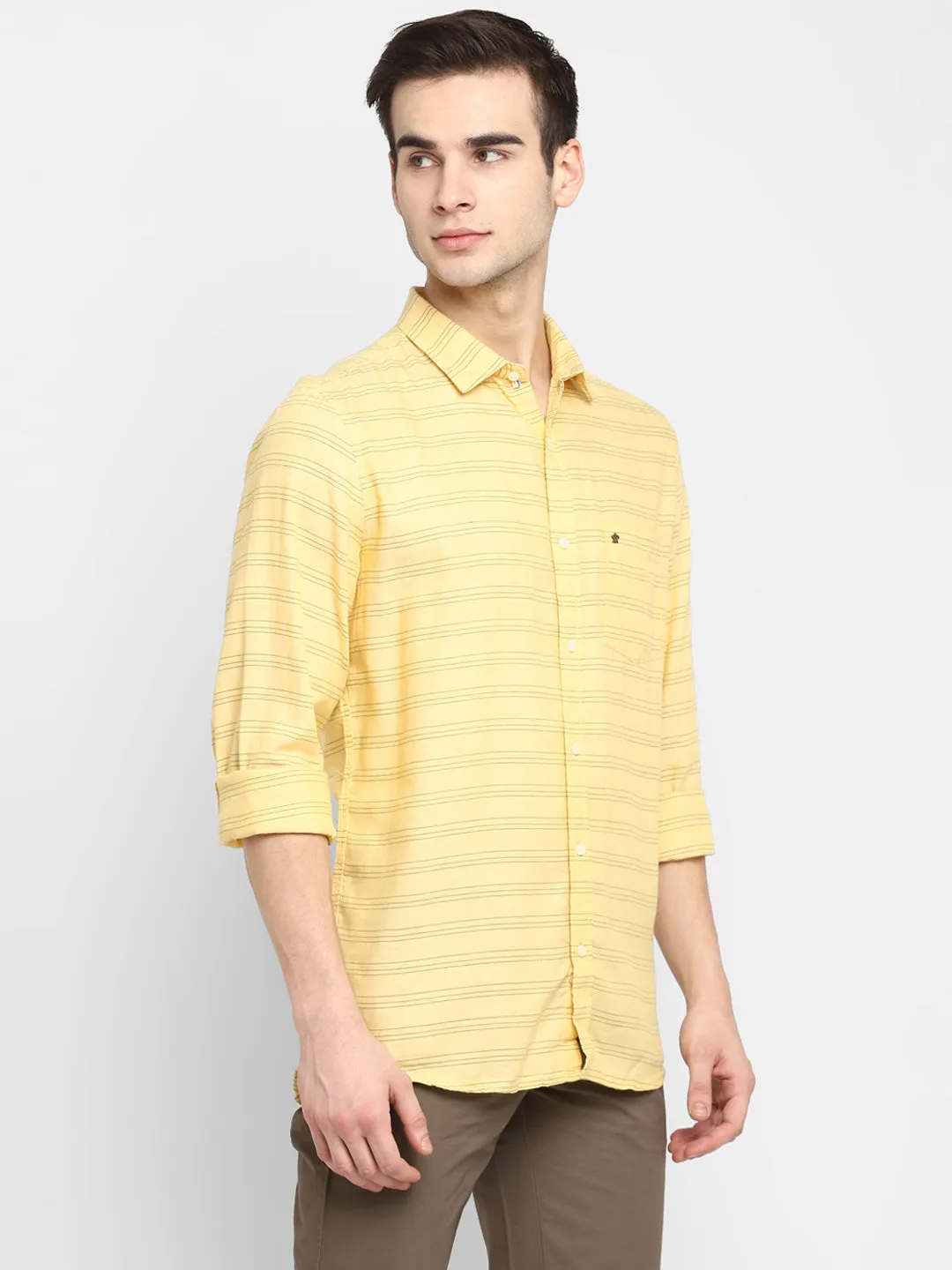 Stiped Yellow Slim Fit Casual Shirt For Men