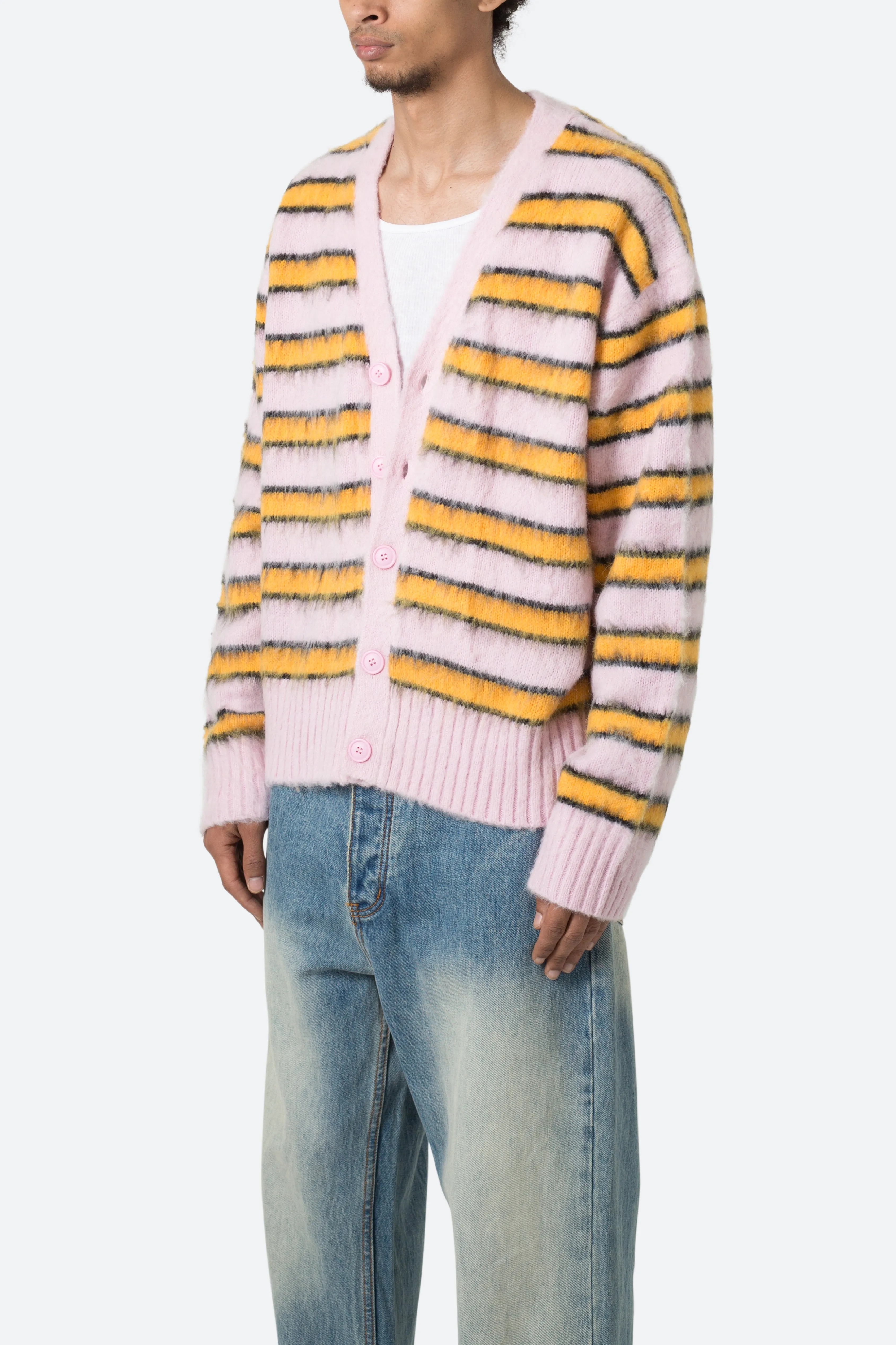 Striped Mohair Cardigan Sweater - Pink